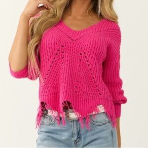 Almost Famous, Fringe-Hem Cropped Pink V Neck Sweater, Size S